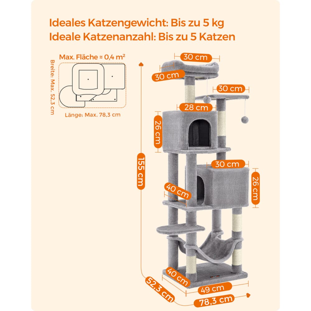 Stabiler mehrstöckiger Kratzbaum, 155cm, Plüsch Hellgrau