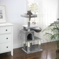 Mehrstufige Katzenwohnung Kratzbaum, 110cm Höhe, Plüsch Hellgrau