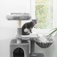 Mehrstufige Katzenwohnung Kratzbaum, 110cm Höhe, Plüsch Hellgrau