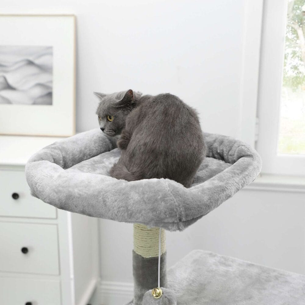 Mehrstufige Katzenwohnung Kratzbaum, 110cm Höhe, Plüsch Hellgrau