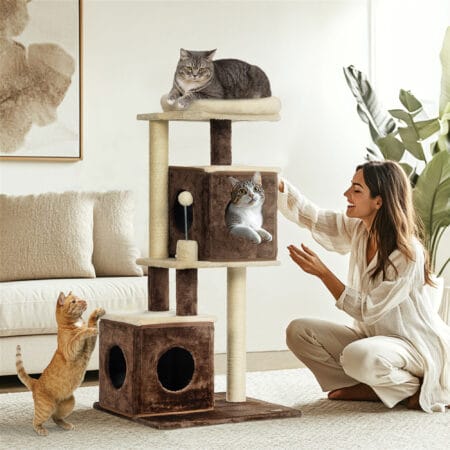 Dunkelbrauner Kratzbaum aus Sisal mit Katzenhöhle, 107cm hoch, für Katzen bis 5kg, ein stilvoller und funktionaler Kratzbaum.