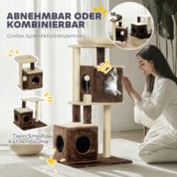 Dunkelbrauner Kratzbaum aus Sisal mit Katzenhöhle, 107cm hoch, für Katzen bis 5kg, ein stilvoller und funktionaler Kratzbaum.