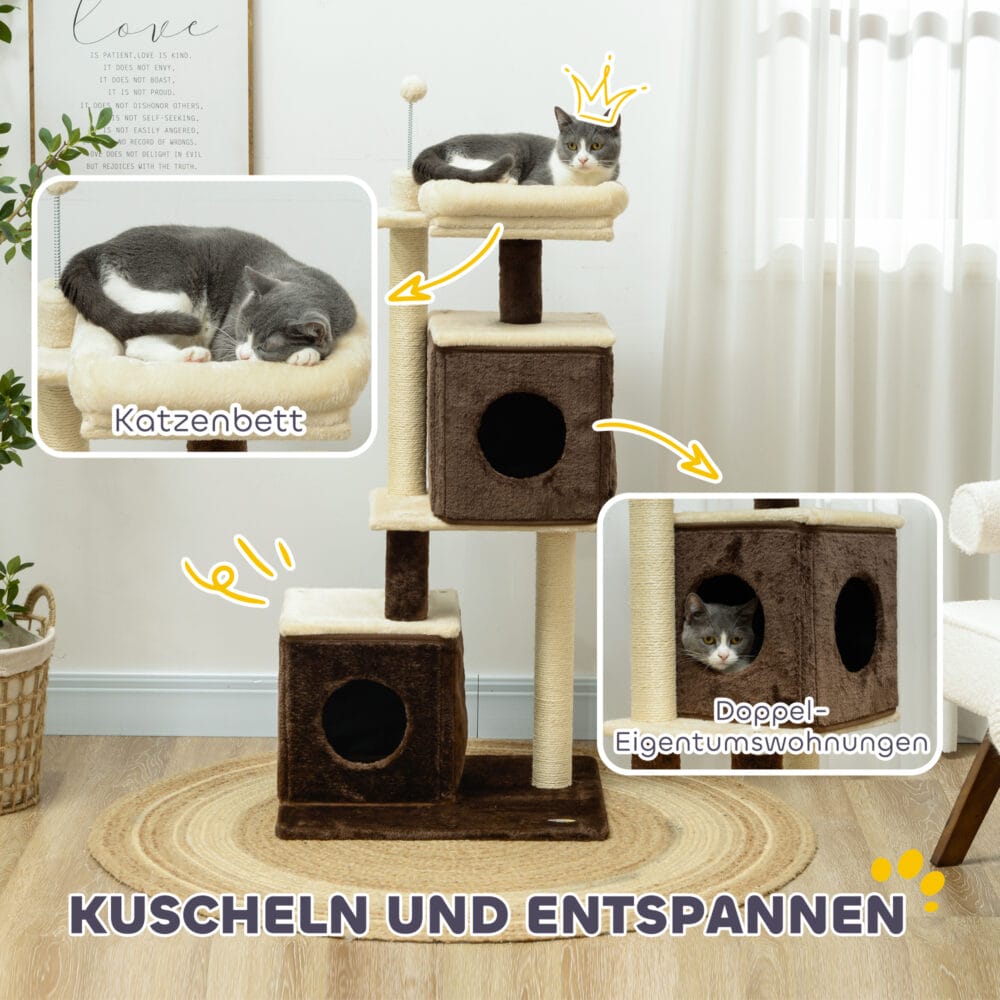 Dunkelbrauner Kratzbaum aus Sisal mit Katzenhöhle, 107cm hoch, für Katzen bis 5kg, ein stilvoller und funktionaler Kratzbaum.