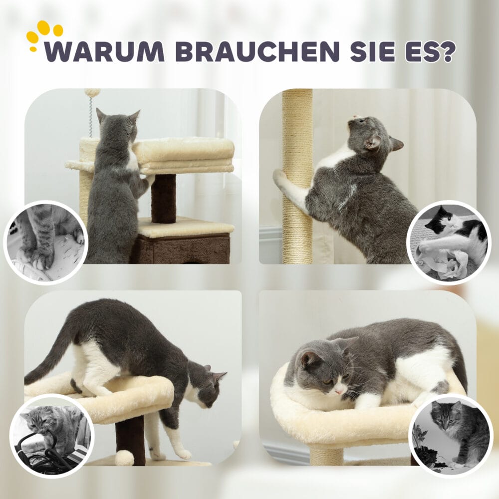 Dunkelbrauner Kratzbaum aus Sisal mit Katzenhöhle, 107cm hoch, für Katzen bis 5kg, ein stilvoller und funktionaler Kratzbaum.