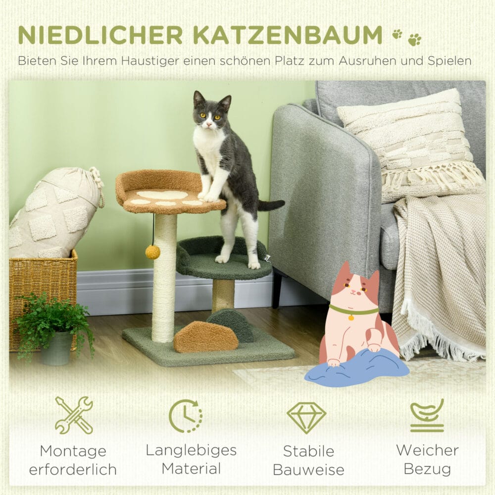 Beiger Kratzbaum mit Spielball, 52cm hoch, leicht zu bewegen, ideal für flexible Platzierung.