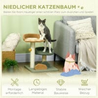 Beiger Kratzbaum mit Spielball, 52cm hoch, leicht zu bewegen, ideal für flexible Platzierung.