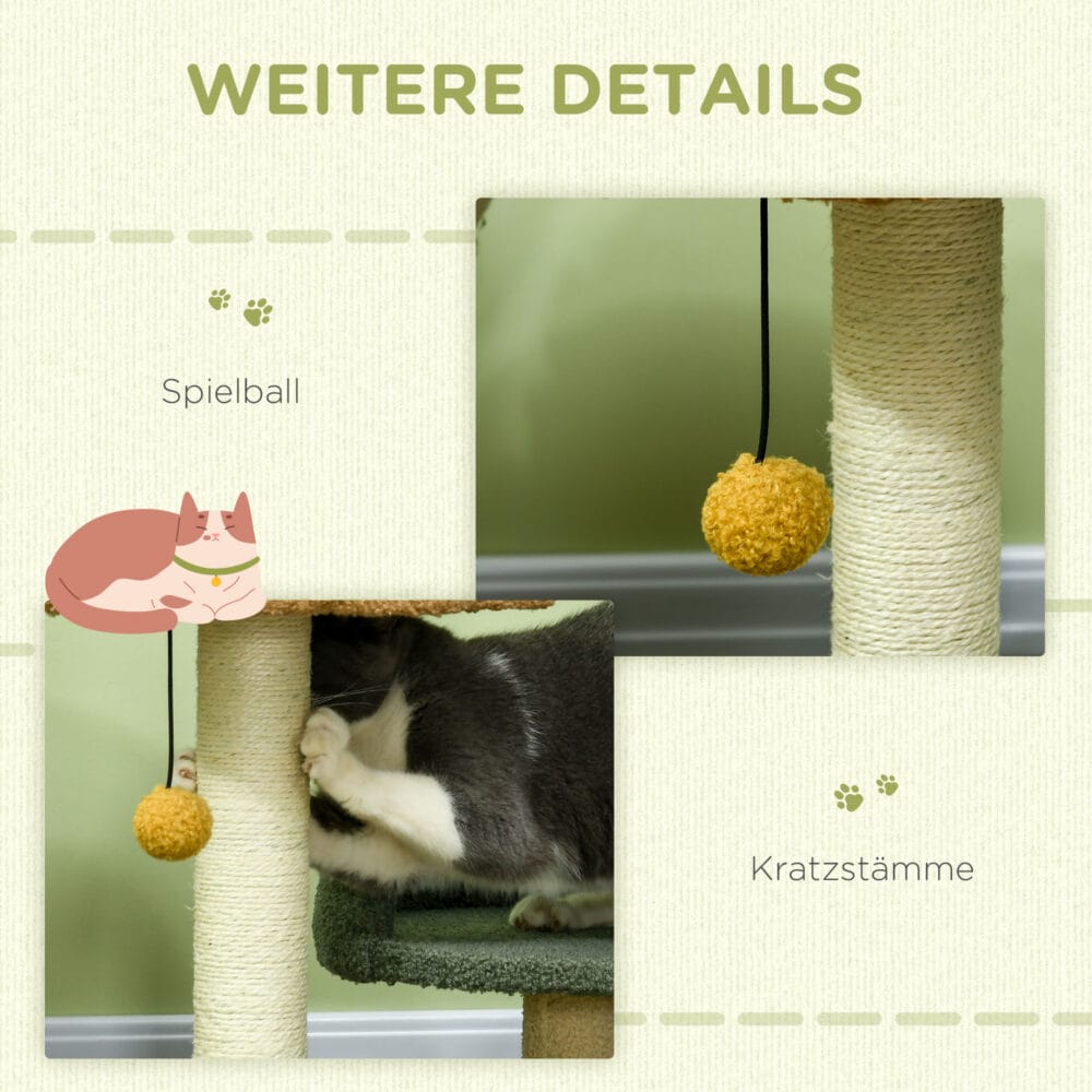 Beiger Kratzbaum mit Spielball, 52cm hoch, leicht zu bewegen, ideal für flexible Platzierung.