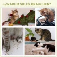 Beiger Kratzbaum mit Spielball, 52cm hoch, leicht zu bewegen, ideal für flexible Platzierung.
