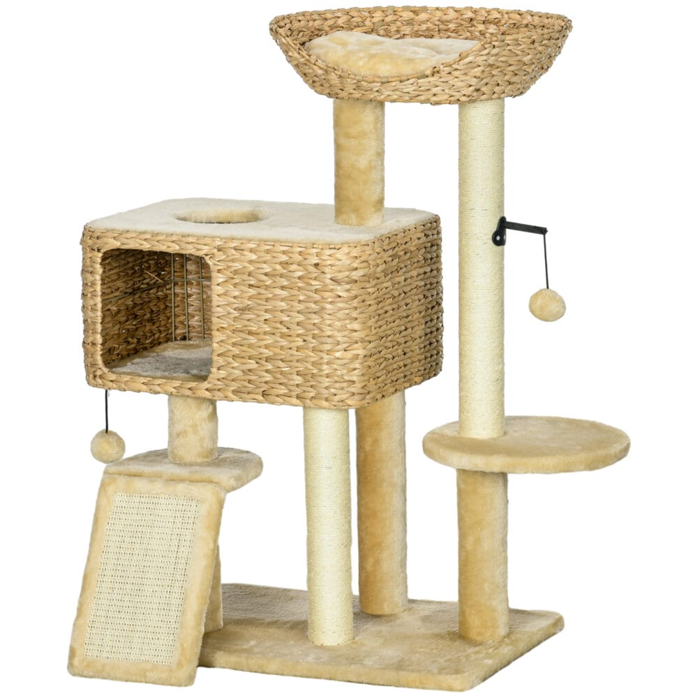 Beiger Kratzbaum mit Spielball und Sisal-Stämmen, 98cm hoch, fördert das Spiel und die Krallenpflege.