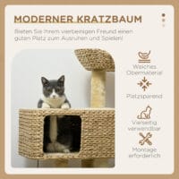 Beiger Kratzbaum mit Spielball und Sisal-Stämmen, 98cm hoch, fördert das Spiel und die Krallenpflege.
