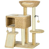 Beiger Kratzbaum mit Spielball und Sisal-Stämmen, 98cm hoch, fördert das Spiel und die Krallenpflege.