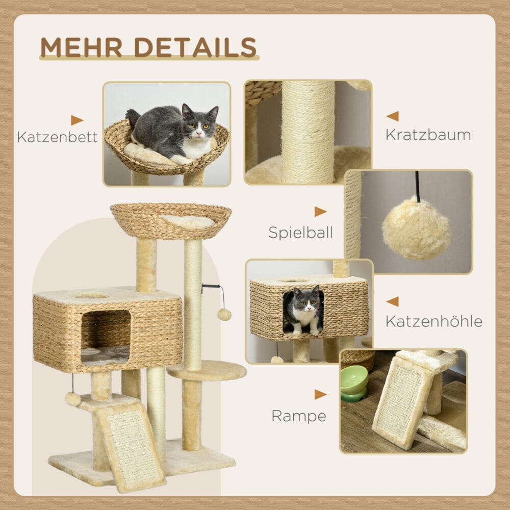 Beiger Kratzbaum mit Spielball und Sisal-Stämmen, 98cm hoch, fördert das Spiel und die Krallenpflege.