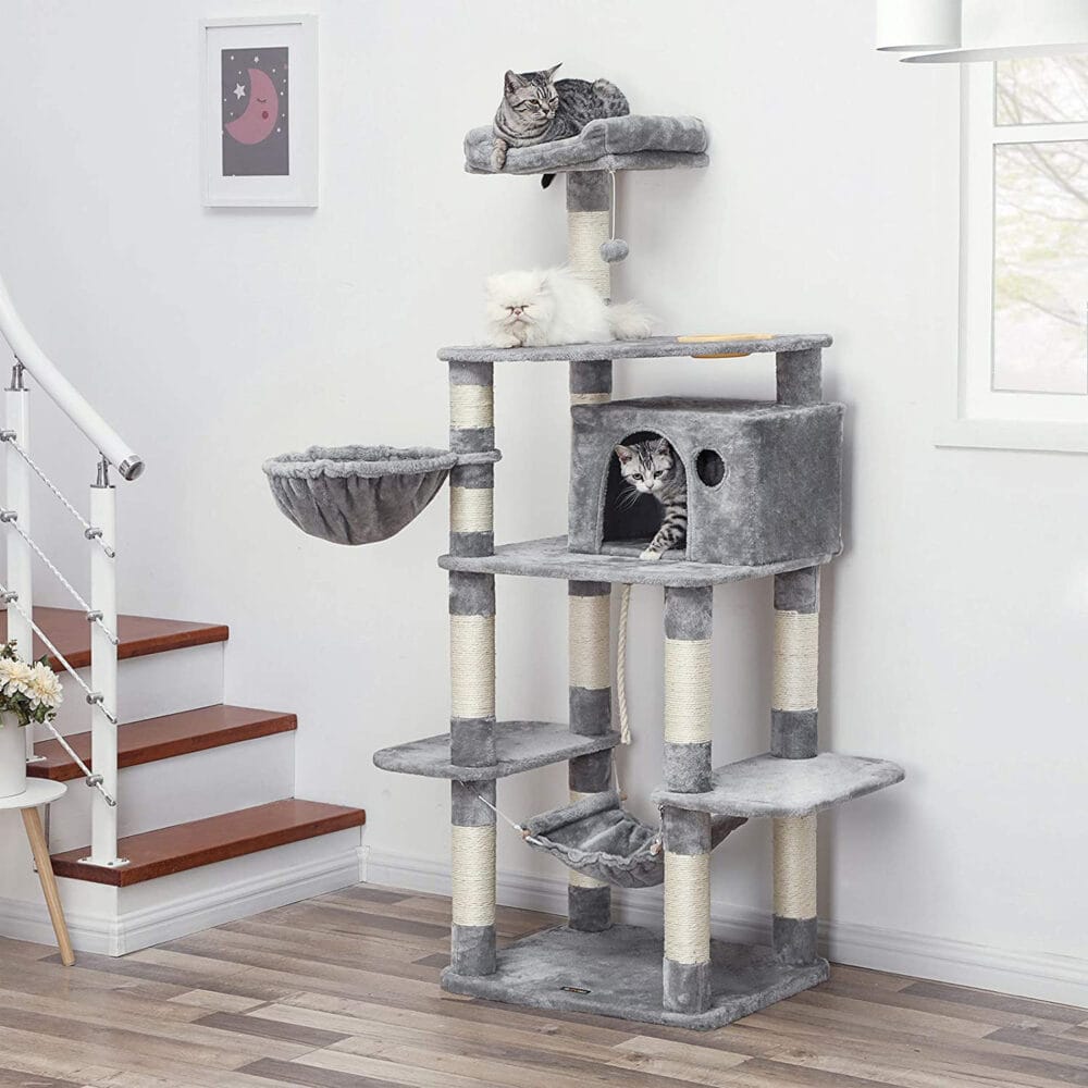Spielturm Kratzbaum für Katzen, 164cm, Plüsch Hellgrau