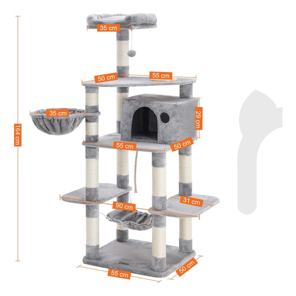 Spielturm Kratzbaum für Katzen, 164cm, Plüsch Hellgrau
