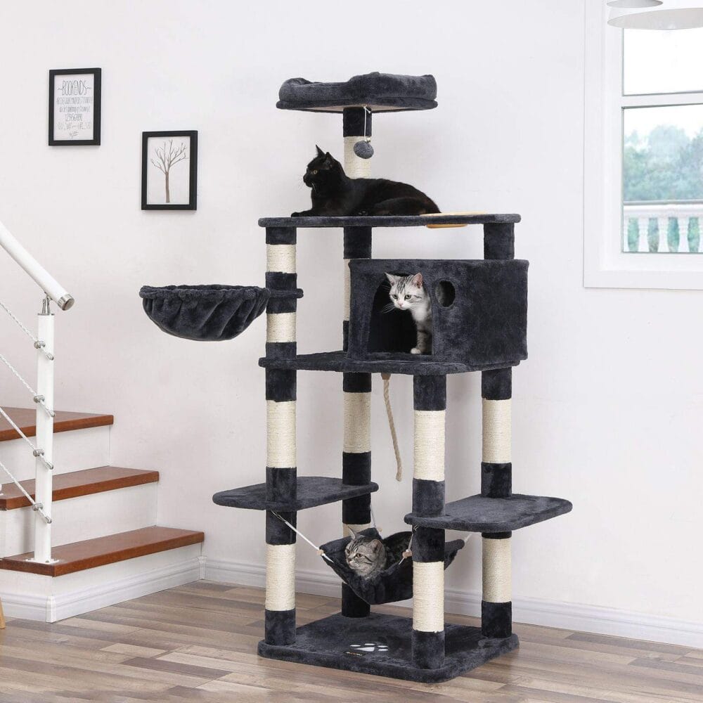 Spielturm Kratzbaum stabil für große Katzen, 164cm, Plüsch Rauchgrau