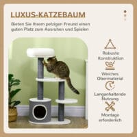 Stabiler Kratzbaum in Grau und Weiss mit drei Plattformen und integrierter Katzenhöhle, bietet Katzen viel Platz zum Klettern und Entspannen.