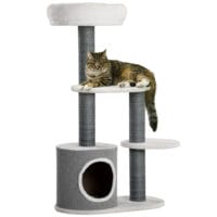 Stabiler Kratzbaum in Grau und Weiss mit drei Plattformen und integrierter Katzenhöhle, bietet Katzen viel Platz zum Klettern und Entspannen.