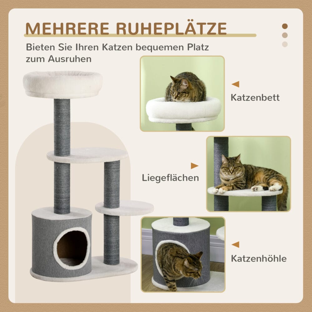 Stabiler Kratzbaum in Grau und Weiss mit drei Plattformen und integrierter Katzenhöhle, bietet Katzen viel Platz zum Klettern und Entspannen.