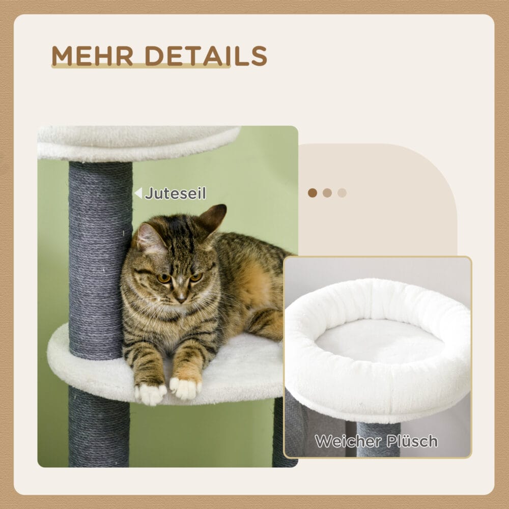 Stabiler Kratzbaum in Grau und Weiss mit drei Plattformen und integrierter Katzenhöhle, bietet Katzen viel Platz zum Klettern und Entspannen.