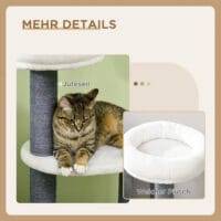 Stabiler Kratzbaum in Grau und Weiss mit drei Plattformen und integrierter Katzenhöhle, bietet Katzen viel Platz zum Klettern und Entspannen.