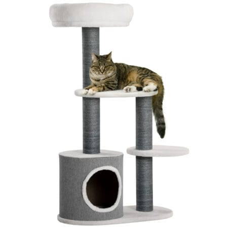 Stabiler Kratzbaum in Grau und Weiss mit drei Plattformen und integrierter Katzenhöhle, bietet Katzen viel Platz zum Klettern und Entspannen.