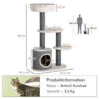 Stabiler Kratzbaum in Grau und Weiss mit drei Plattformen und integrierter Katzenhöhle, bietet Katzen viel Platz zum Klettern und Entspannen.