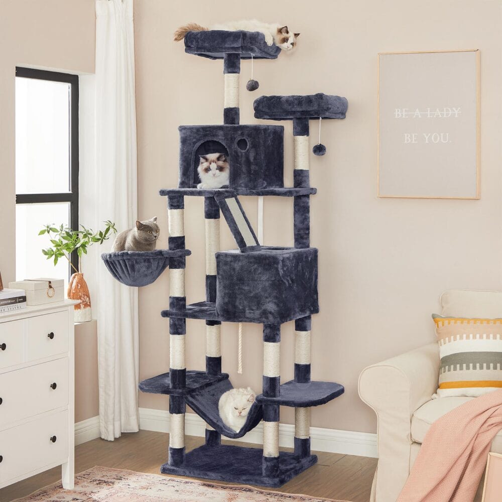 XXL Katzenwohnung Kratzbaum mehrstufig, 206cm, Plüsch Rauchgrau
