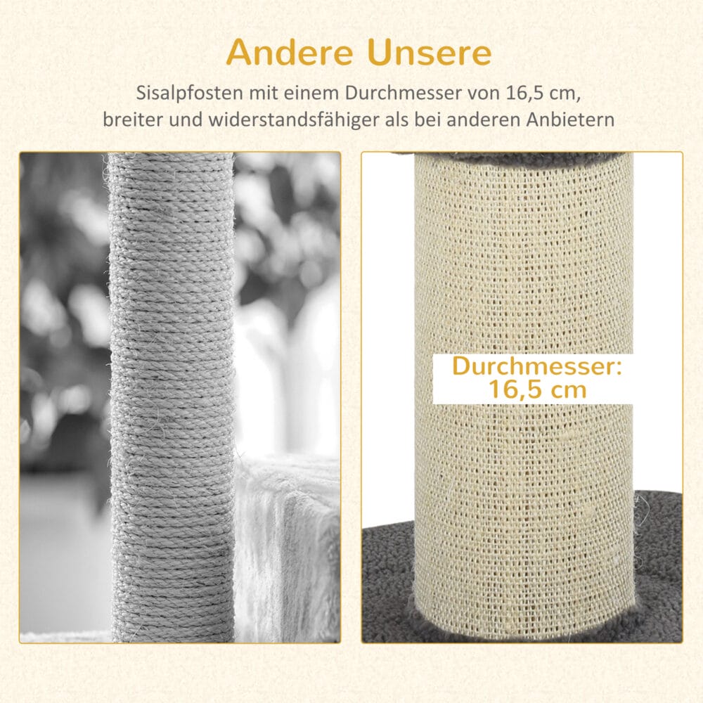 Graue stabile Kratzsäulen für Katzen mit integrierter Plattform, ideal zum Krallenwetzen und Klettern.