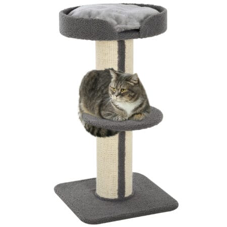 Graue stabile Kratzsäulen für Katzen mit integrierter Plattform, ideal zum Krallenwetzen und Klettern.