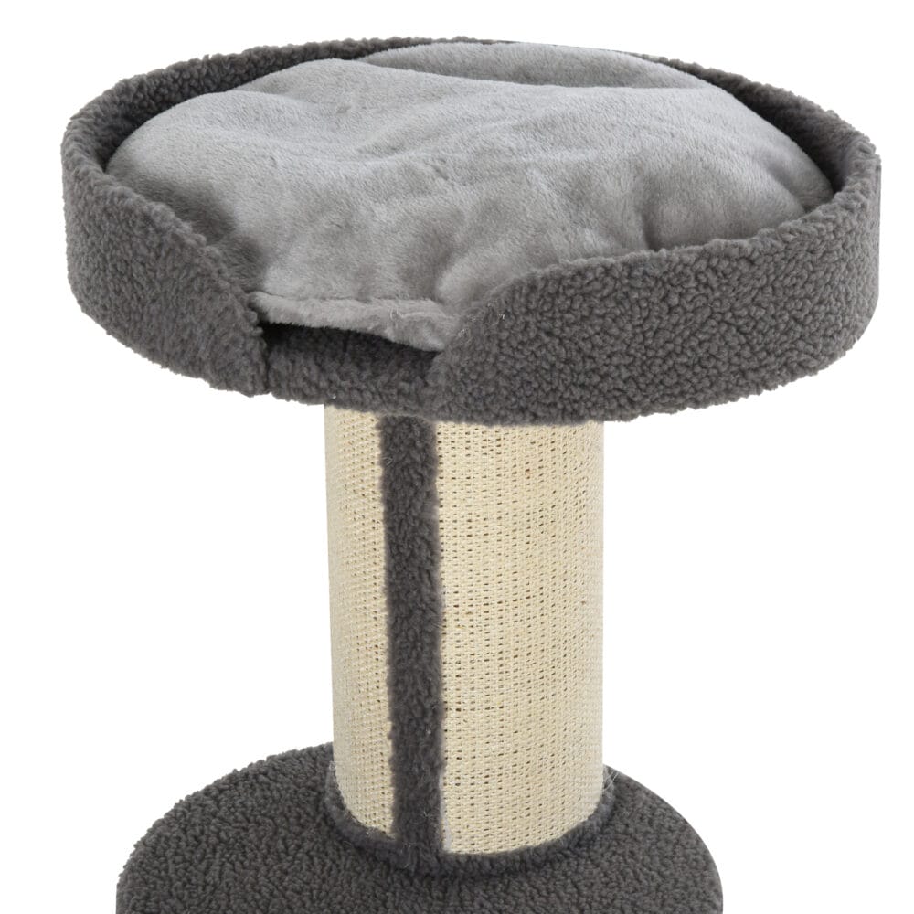 Graue stabile Kratzsäulen für Katzen mit integrierter Plattform, ideal zum Krallenwetzen und Klettern.