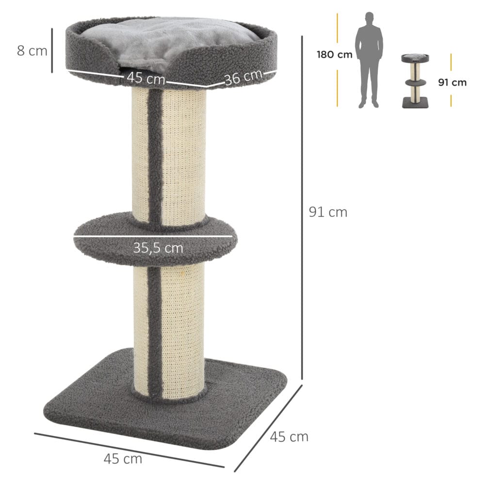Graue stabile Kratzsäulen für Katzen mit integrierter Plattform, ideal zum Krallenwetzen und Klettern.