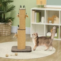 Brauner 2-in-1 Kratzstamm aus Jute mit Feder-Spielzeug, 78cm hoch, ideal zum Kratzen und Spielen.