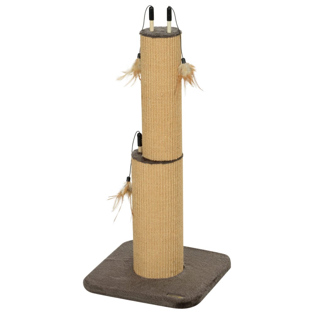 Brauner 2-in-1 Kratzstamm aus Jute mit Feder-Spielzeug, 78cm hoch, ideal zum Kratzen und Spielen.