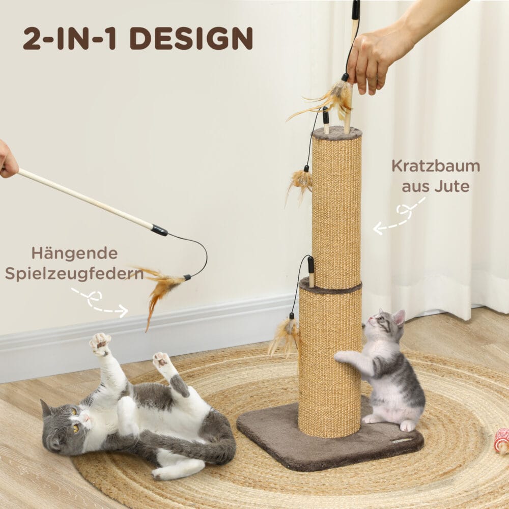 Brauner 2-in-1 Kratzstamm aus Jute mit Feder-Spielzeug, 78cm hoch, ideal zum Kratzen und Spielen.