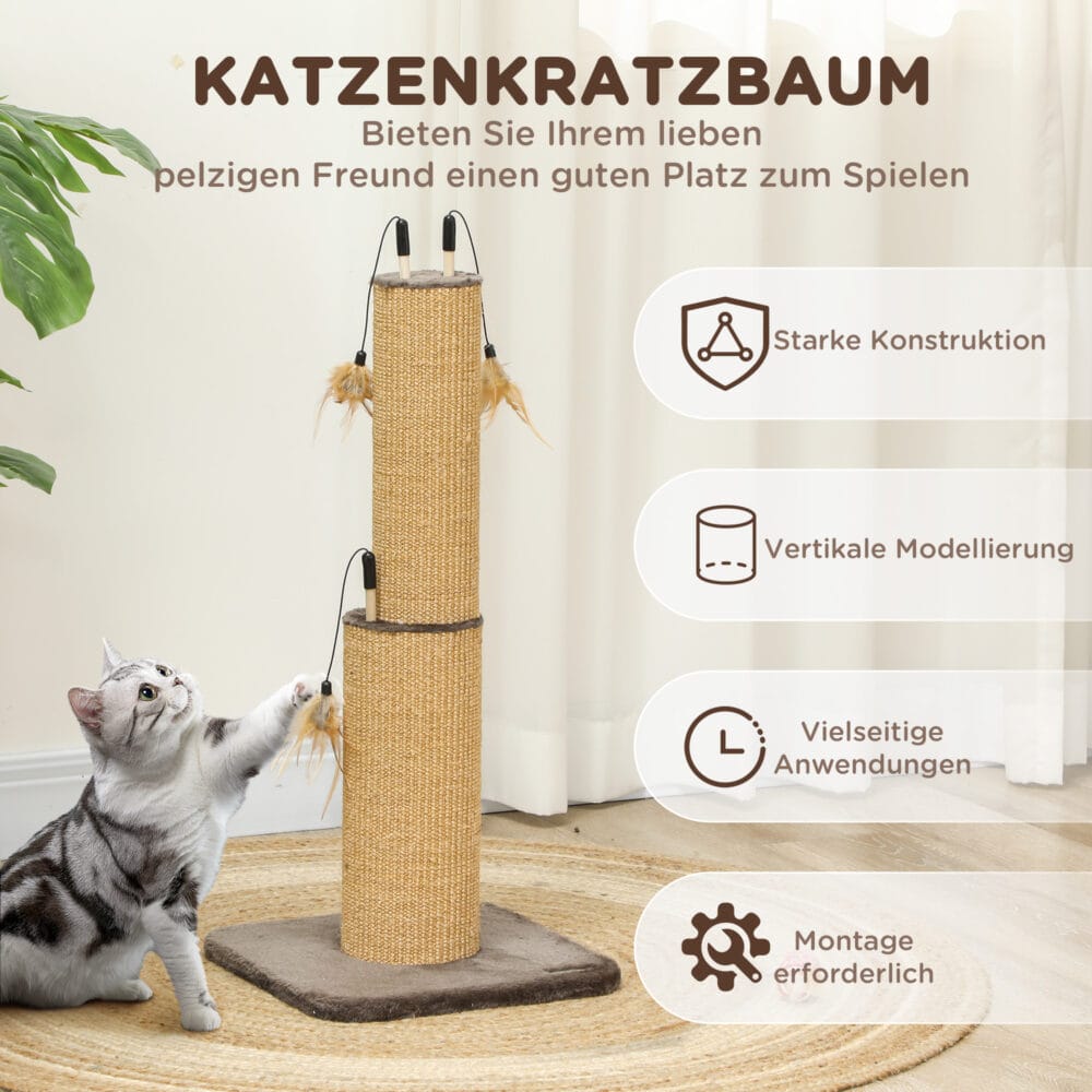 Brauner 2-in-1 Kratzstamm aus Jute mit Feder-Spielzeug, 78cm hoch, ideal zum Kratzen und Spielen.