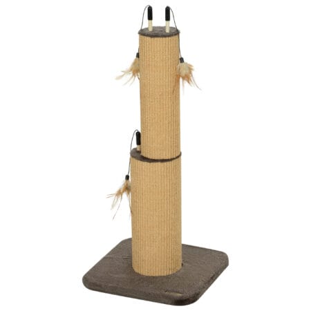 Brauner 2-in-1 Kratzstamm aus Jute mit Feder-Spielzeug, 78cm hoch, ideal zum Kratzen und Spielen.