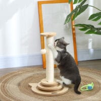 Sisal-Kratzstamm mit Kugelbahn und Spielball, 4-in-1 Design, bietet vielfältige Beschäftigungsmöglichkeiten für Katzen.