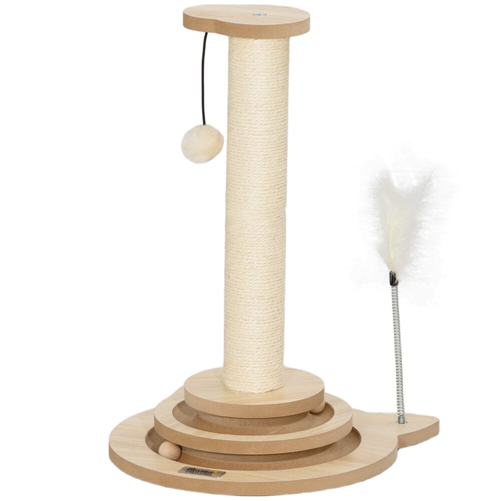 Sisal-Kratzstamm mit Kugelbahn und Spielball, 4-in-1 Design, bietet vielfältige Beschäftigungsmöglichkeiten für Katzen.