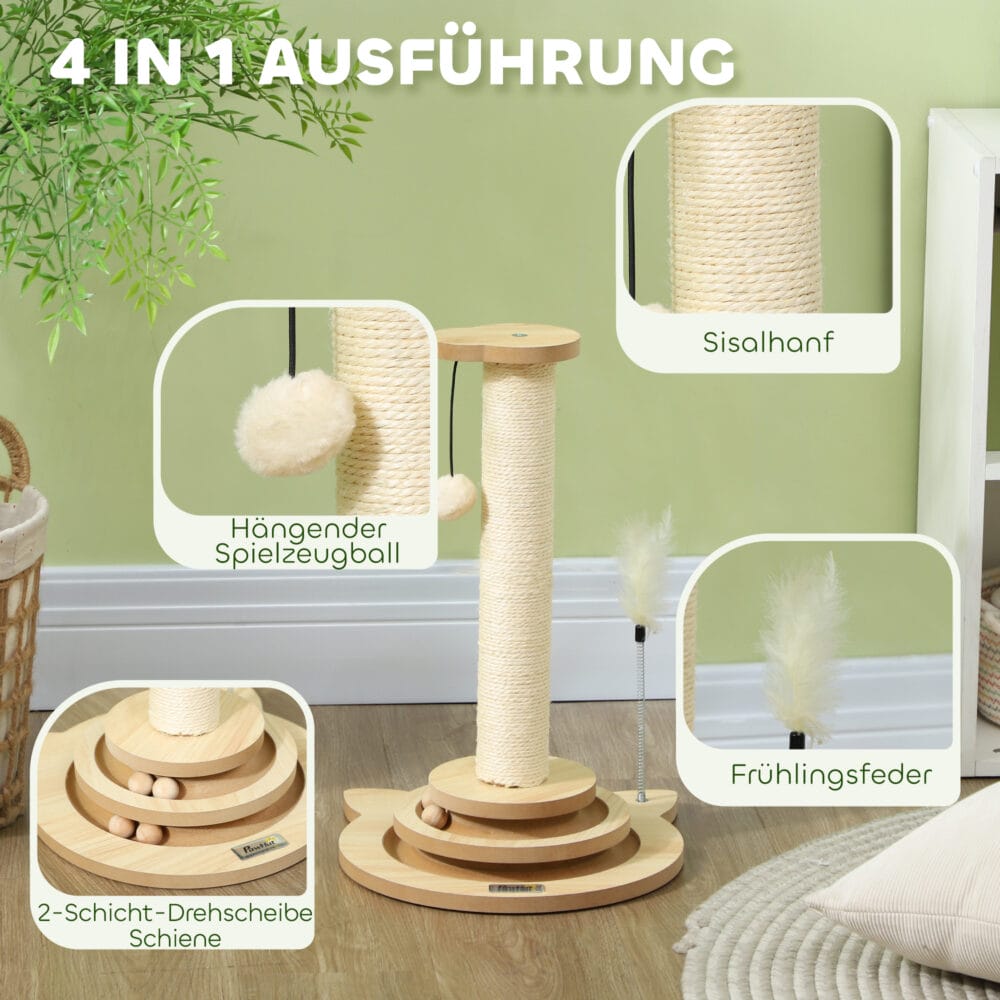 Sisal-Kratzstamm mit Kugelbahn und Spielball, 4-in-1 Design, bietet vielfältige Beschäftigungsmöglichkeiten für Katzen.