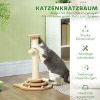 Sisal-Kratzstamm mit Kugelbahn und Spielball, 4-in-1 Design, bietet vielfältige Beschäftigungsmöglichkeiten für Katzen.