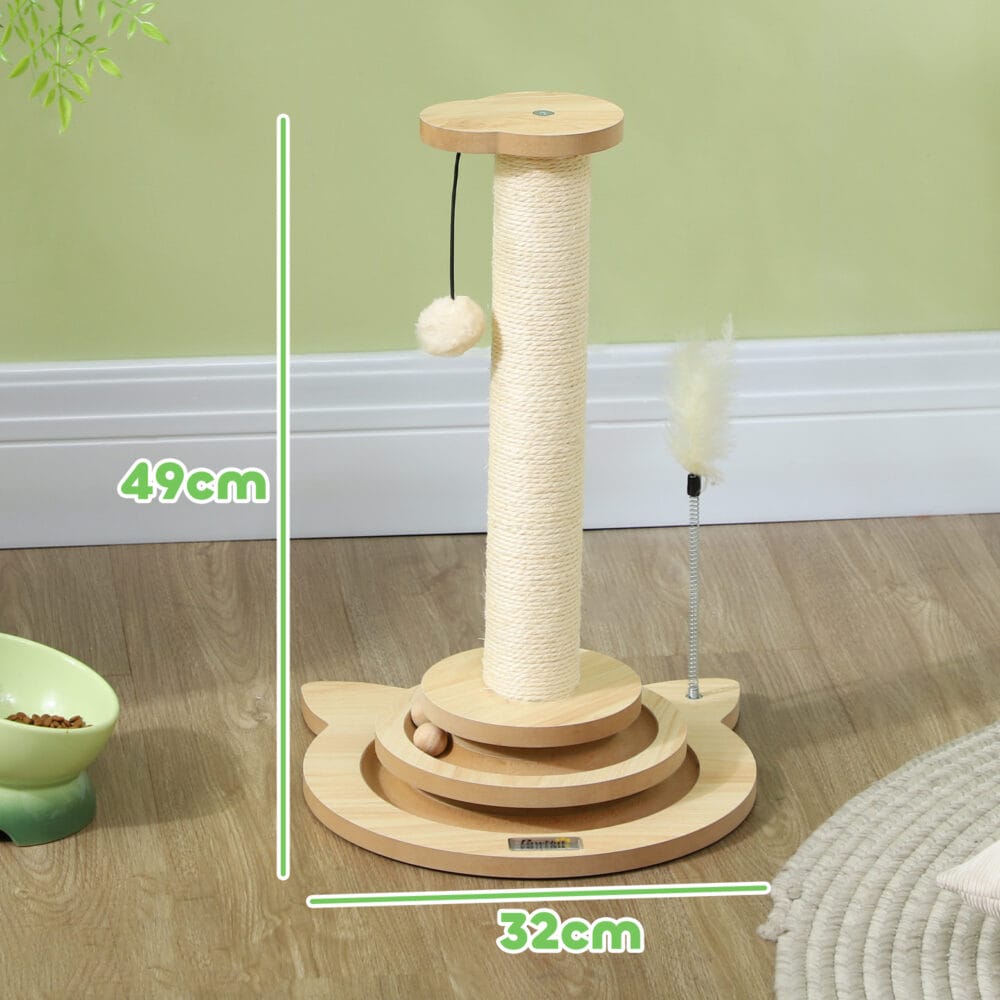 Sisal-Kratzstamm mit Kugelbahn und Spielball, 4-in-1 Design, bietet vielfältige Beschäftigungsmöglichkeiten für Katzen.