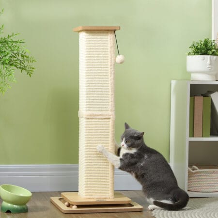 Eichenfarbener 3-in-1 Sisal-Kratzstamm mit Spielball, 87cm hoch, kombiniert Kratzfläche und Spielspass.