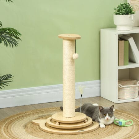 Eichenfarbener 4-in-1 Sisal-Kratzstamm mit Spielball, 69cm hoch, ein vielseitiges Spiel- und Kratzmöbel.