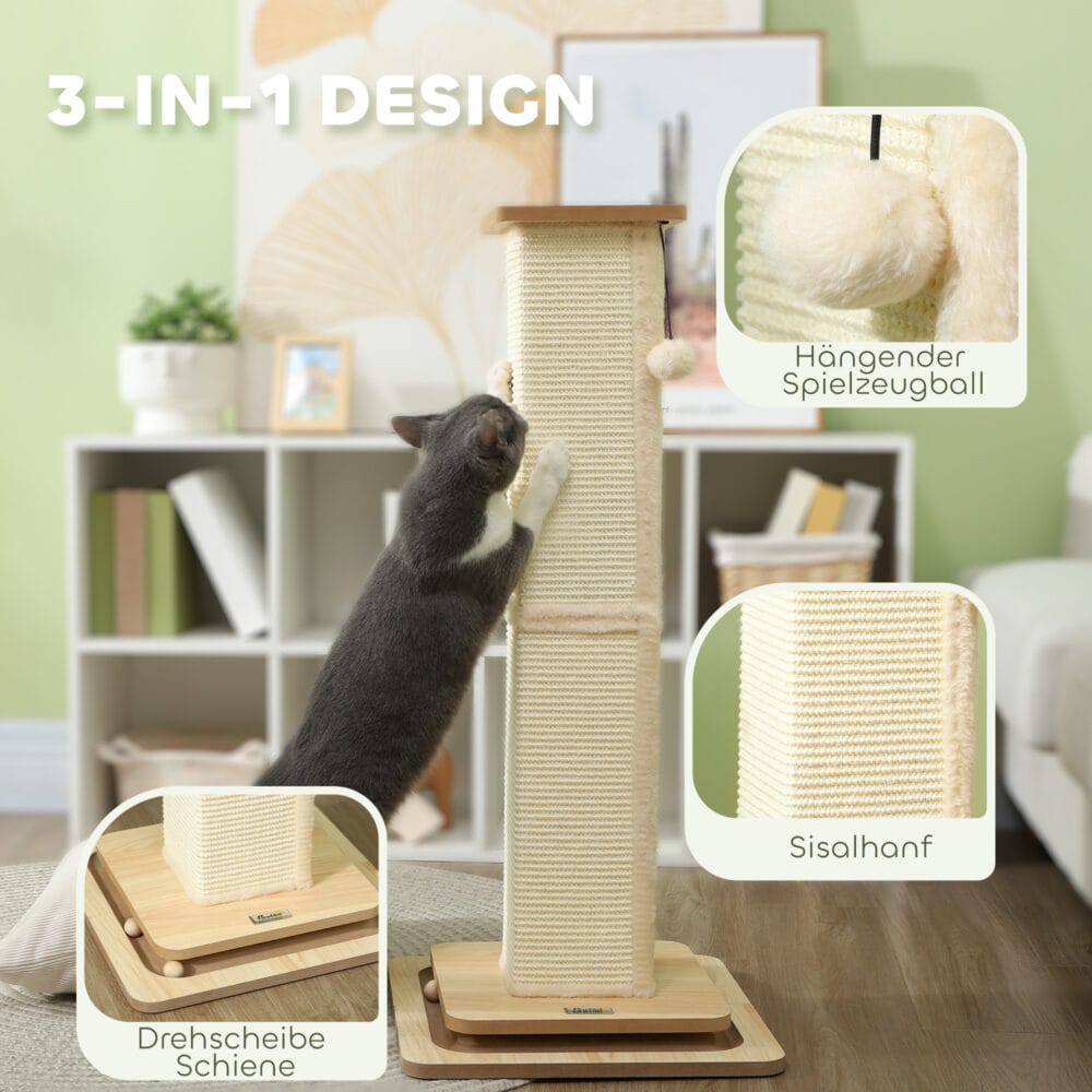 Eichenfarbener 3-in-1 Sisal-Kratzstamm mit Spielball, 87cm hoch, kombiniert Kratzfläche und Spielspass.