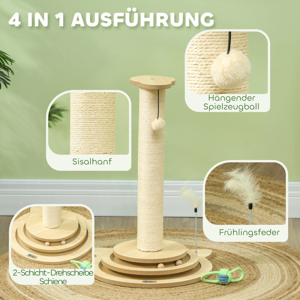 Eichenfarbener 4-in-1 Sisal-Kratzstamm mit Spielball, 69cm hoch, ein vielseitiges Spiel- und Kratzmöbel.