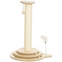 Eichenfarbener 4-in-1 Sisal-Kratzstamm mit Spielball, 69cm hoch, ein vielseitiges Spiel- und Kratzmöbel.