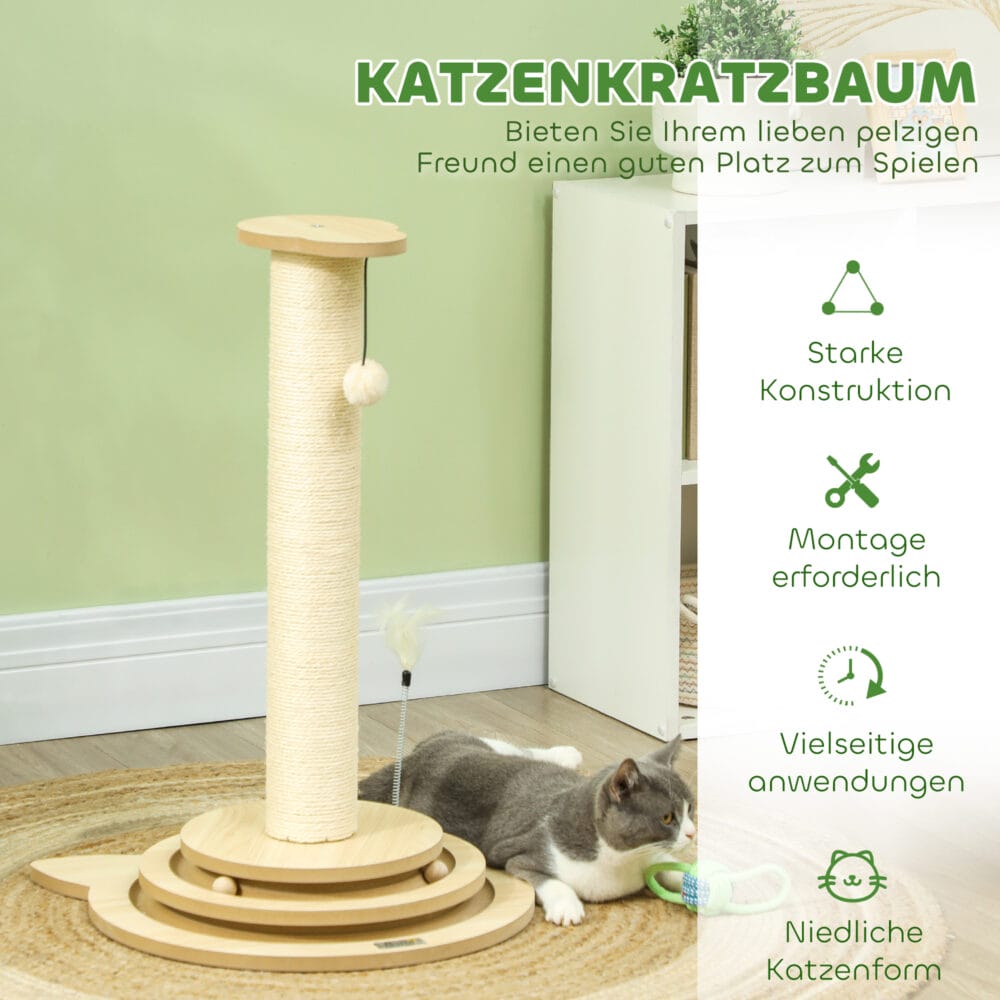 Eichenfarbener 4-in-1 Sisal-Kratzstamm mit Spielball, 69cm hoch, ein vielseitiges Spiel- und Kratzmöbel.