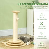 Eichenfarbener 4-in-1 Sisal-Kratzstamm mit Spielball, 69cm hoch, ein vielseitiges Spiel- und Kratzmöbel.