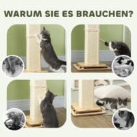 Eichenfarbener 3-in-1 Sisal-Kratzstamm mit Spielball, 87cm hoch, kombiniert Kratzfläche und Spielspass.