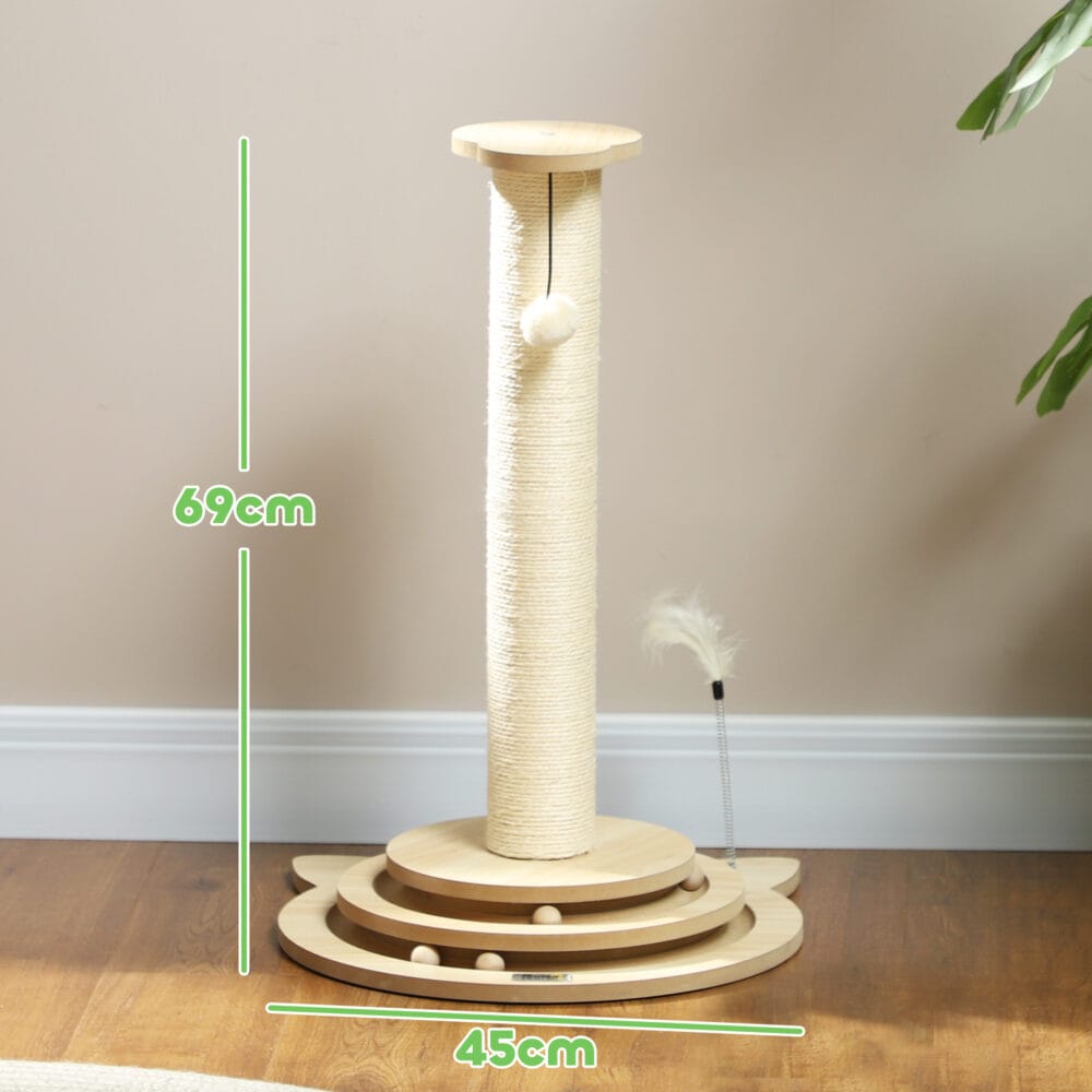 Eichenfarbener 4-in-1 Sisal-Kratzstamm mit Spielball, 69cm hoch, ein vielseitiges Spiel- und Kratzmöbel.